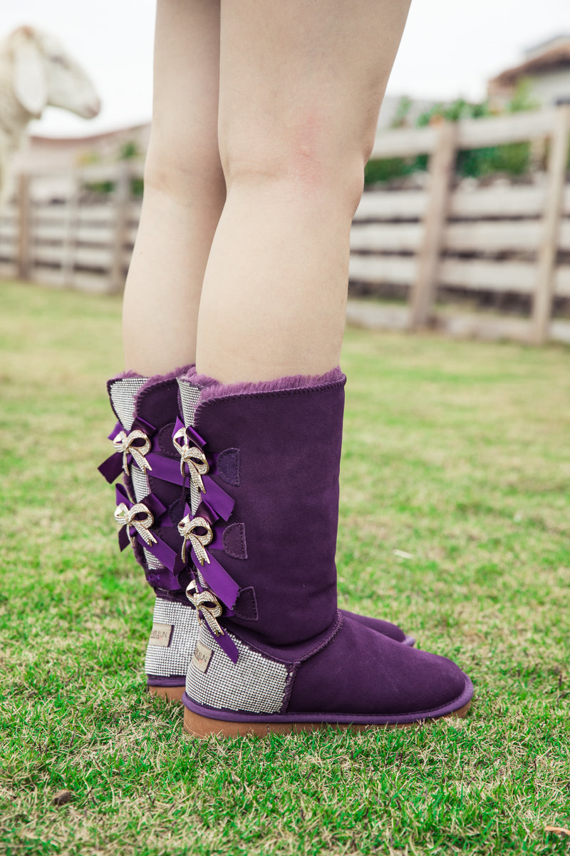 SMAIBULUN Ugg | Rhinestone Ribbon Ballet Bow Suede Boots - Purple