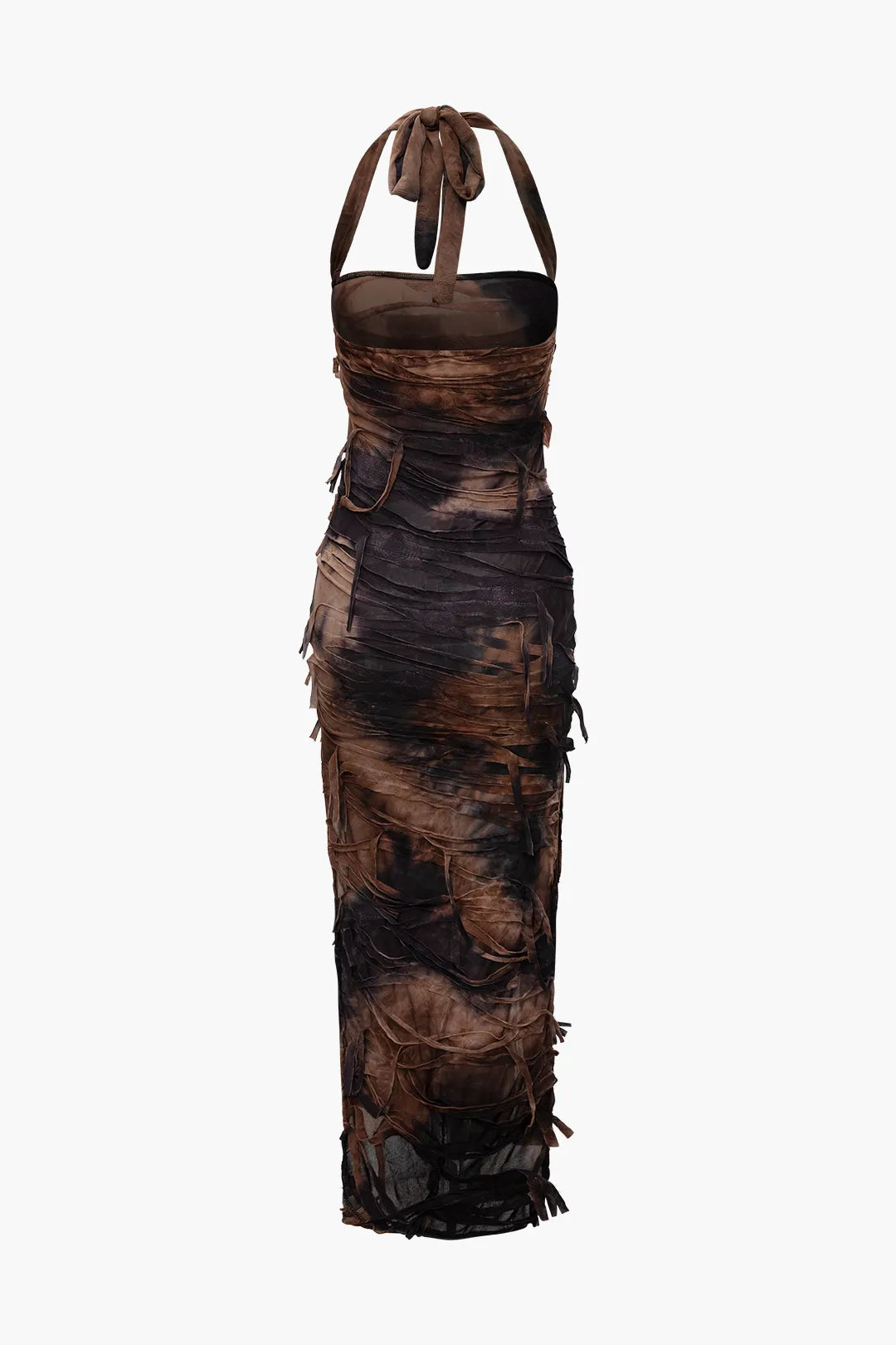 Qerly Brown Tie Dye Distressed Mesh Slit Halter Maxi Dress