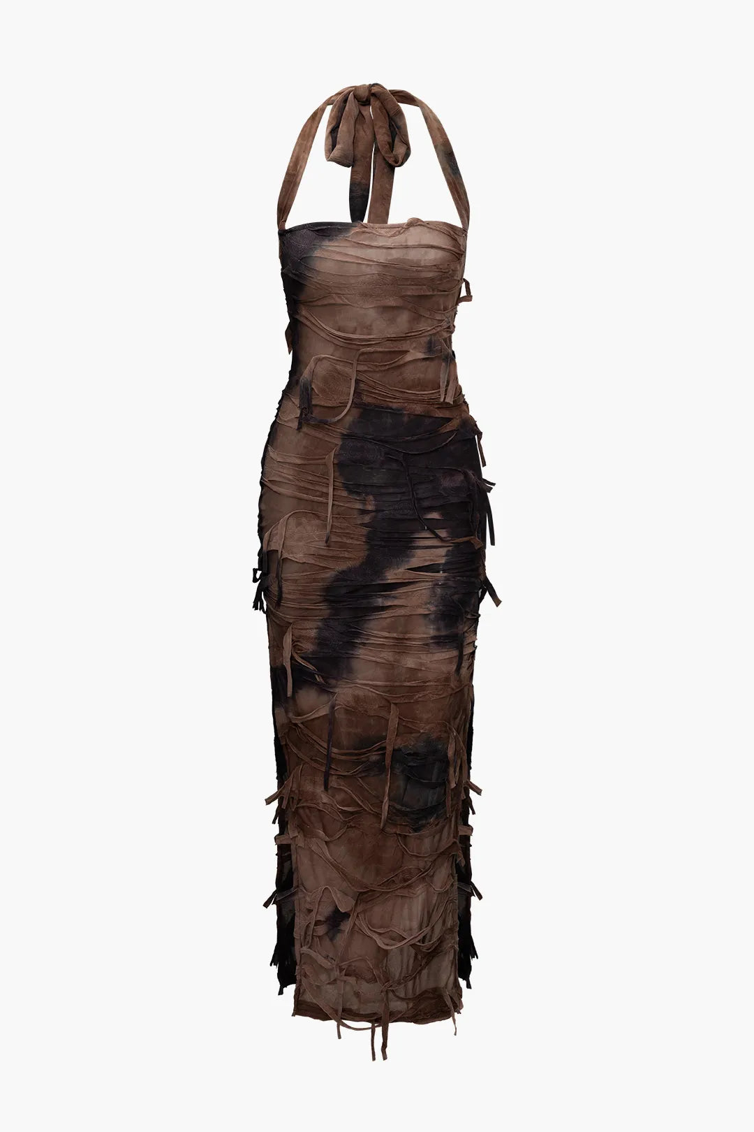 Qerly Brown Tie Dye Distressed Mesh Slit Halter Maxi Dress