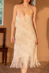 1920s Gatsby V Neck Sequined Layered Fringe Flapper Midi Dress - Champagne