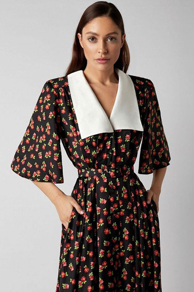 French Spread Collar Short Sleeve Button Down Floral Midi Dress - Black