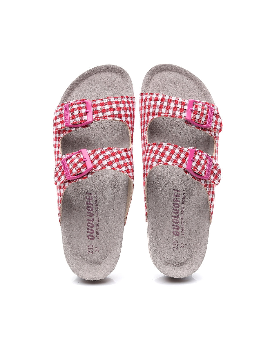 Maibulun | Tartan Gingham Double-Buckle Sandals Slides - Red