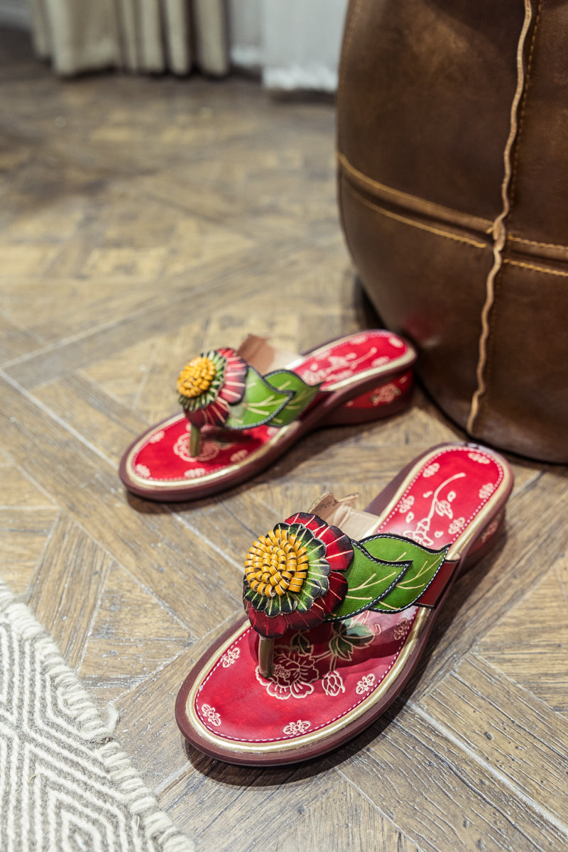 SOFFIA | Genuine Leather Plumeria Appliqued Flip Flop Low Heel Sandals - Red