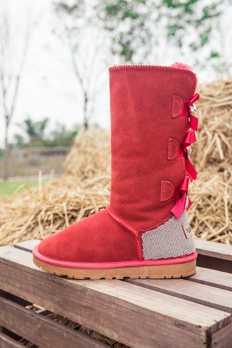 SMAIBULUN Ugg | Rhinestone Ribbon Tri-Tie Bow Suede Boots - Red