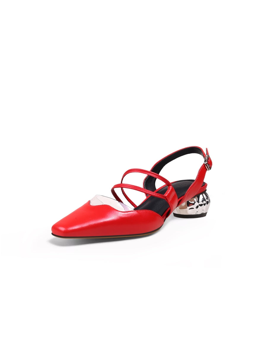 JadyRose | Double Strap-Detail Low Heel Point Toe Leather D'Orsay Pumps Sandals- Red