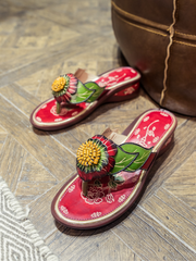 SOFFIA | Genuine Leather Plumeria Appliqued Flip Flop Low Heel Sandals - Red