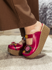 SOFFIA | Genuine Leather Red Ribbed-Sole Floral Appliqued Clogs