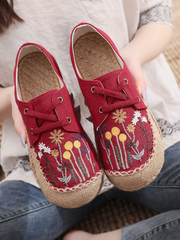 Cactus Rose | Garden Embroidered Linen Boat Shoes Espadrilles - Red