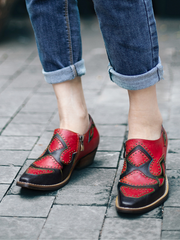 SOFFIA | Studded Red & Black Genuine Leather Loafers Pumps