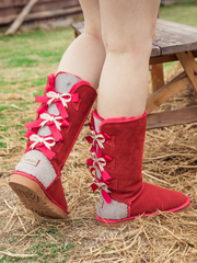 SMAIBULUN Ugg | Rhinestone Ribbon Tri-Tie Bow Suede Boots - Red