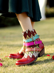 SOFFIA | Genuine Leather Bohemian Diamond Block Colorful Printed Leather Moto AnkleBoots