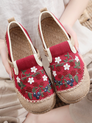 Cactus Rose | Berry Daisy Embroidered Linen Espadrille Loafers - Red