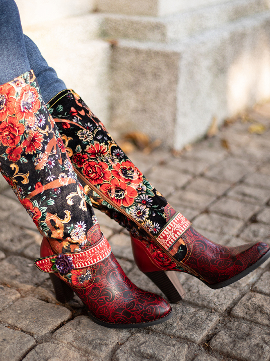 SOFFIA | Genuine Leather Peony Paisley Boho Knee Boots