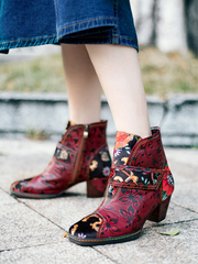 SOFFIA | Genuine Leather Orchid Embossed Red Heel Ankle Boots