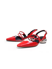 JadyRose | Double Strap-Detail Low Heel Point Toe Leather D'Orsay Pumps Sandals- Red