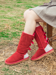 SMAIBULUN Ugg | Rhinestone Ribbon Tri-Tie Bow Suede Boots - Red