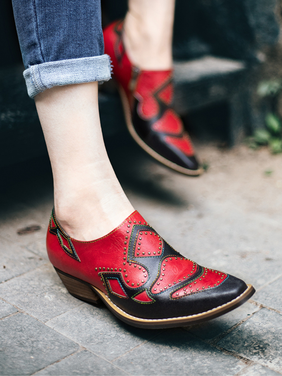 SOFFIA | Studded Red & Black Genuine Leather Loafers Pumps