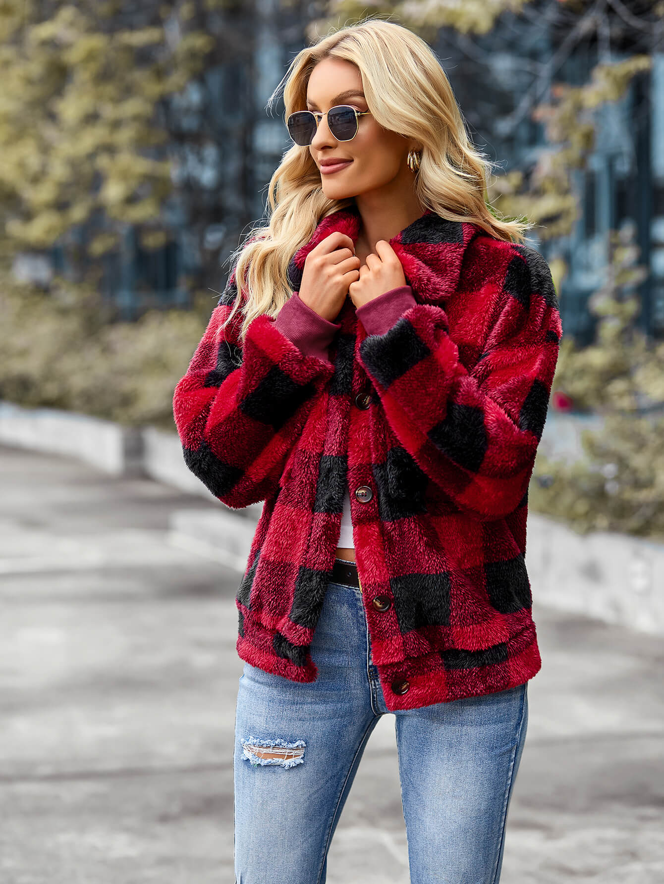 BUST POCKET PLAID FLEECE COAT - RED