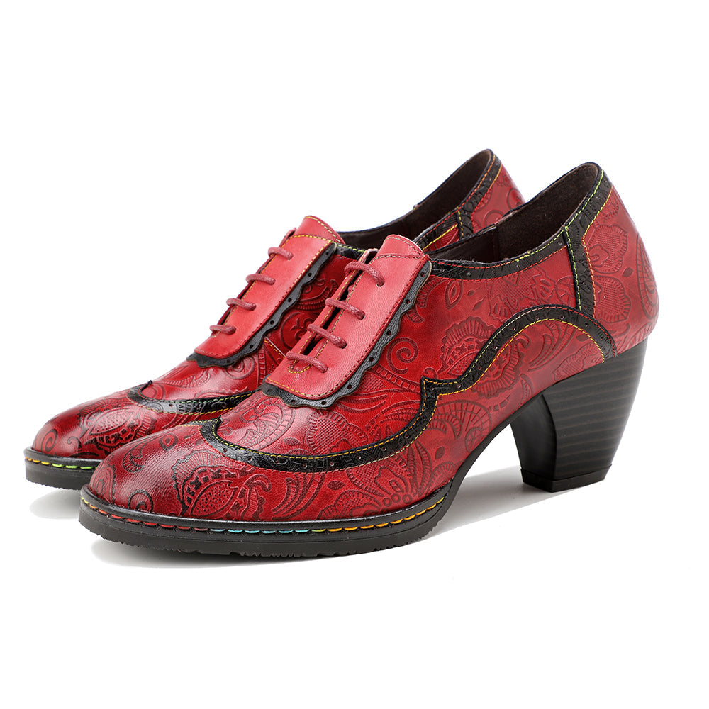 SOFFIA | Floral Embossed Leather Oxford Pumps