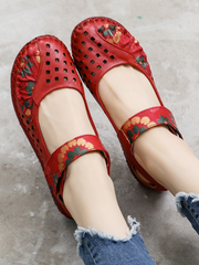 Rumour Has It | Perforated Flower Printed Leather Mary Jane Flats- Red