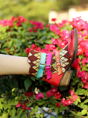 SOFFIA | Genuine Leather Bohemian Diamond Block Colorful Printed Leather Moto AnkleBoots