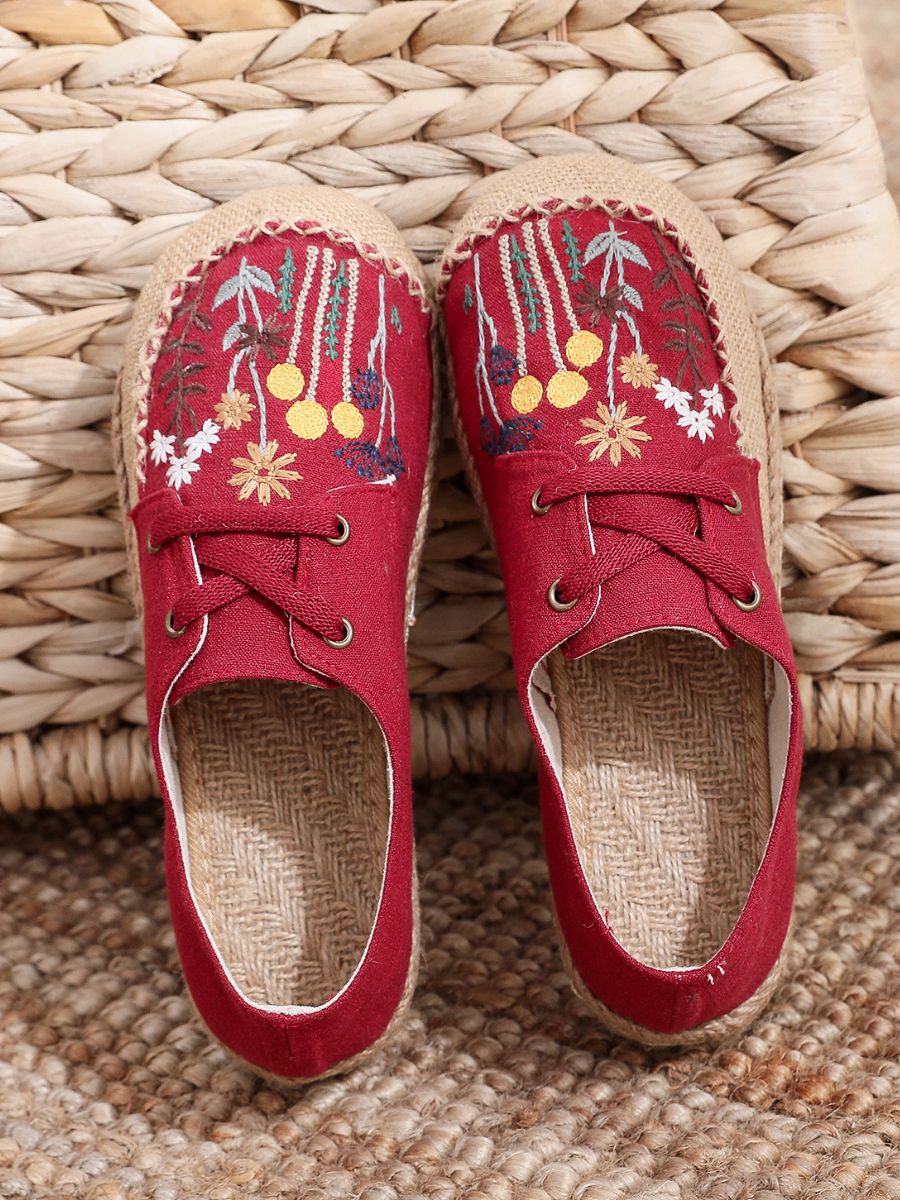 Cactus Rose | Garden Embroidered Linen Boat Shoes Espadrilles - Red