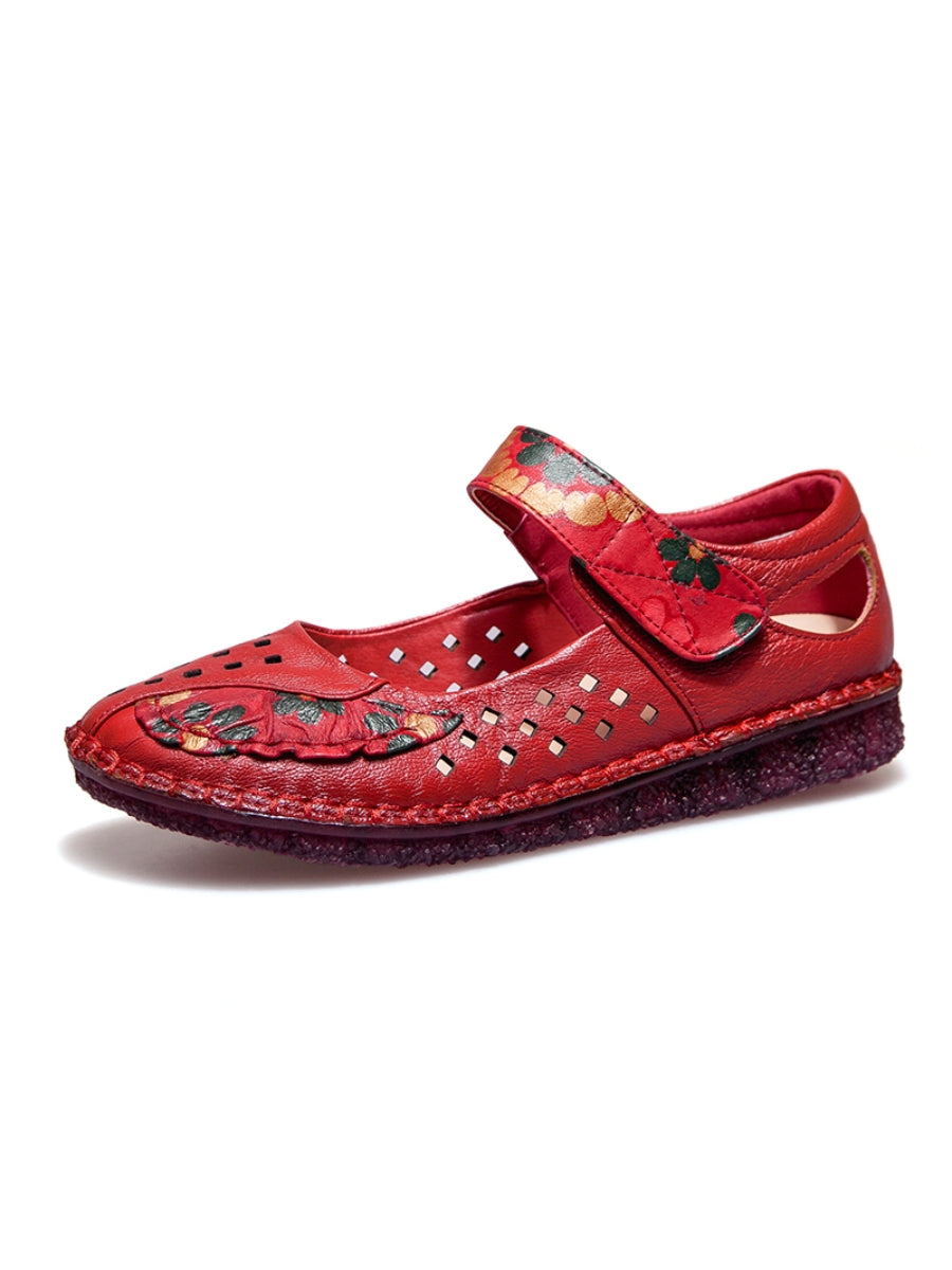 Rumour Has It | Perforated Flower Printed Leather Mary Jane Flats- Red