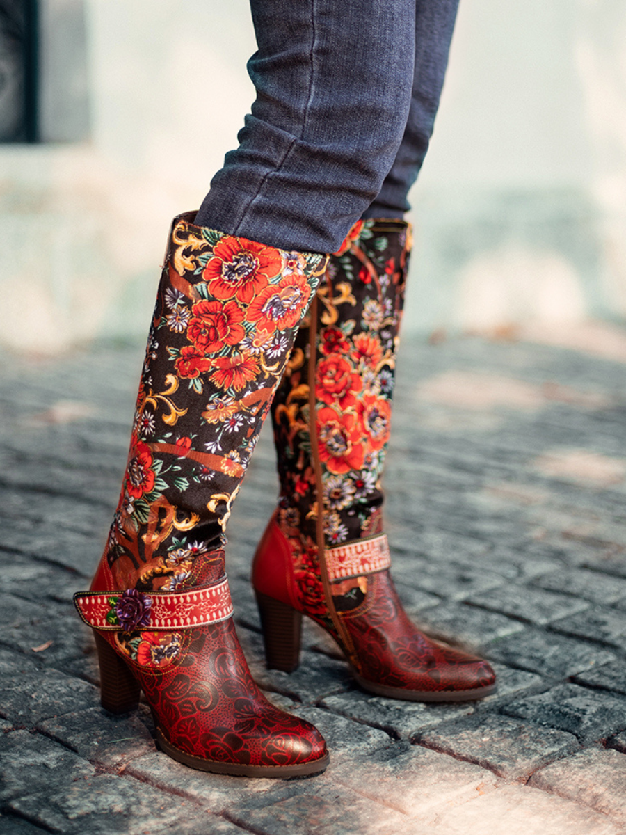 SOFFIA | Genuine Leather Peony Paisley Boho Knee Boots