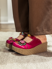 SOFFIA | Genuine Leather Red Ribbed-Sole Floral Appliqued Clogs