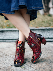 SOFFIA | Genuine Leather Orchid Embossed Red Heel Ankle Boots