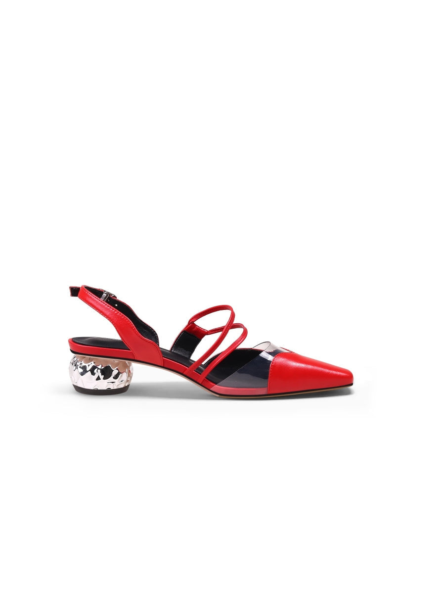 JadyRose | Double Strap-Detail Low Heel Point Toe Leather D'Orsay Pumps Sandals- Red