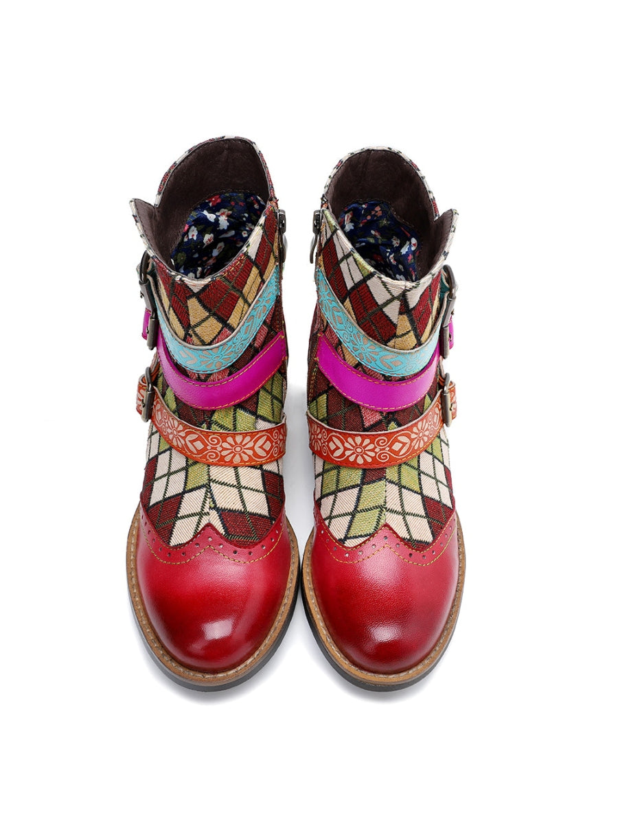 SOFFIA | Genuine Leather Bohemian Diamond Block Colorful Printed Leather Moto AnkleBoots