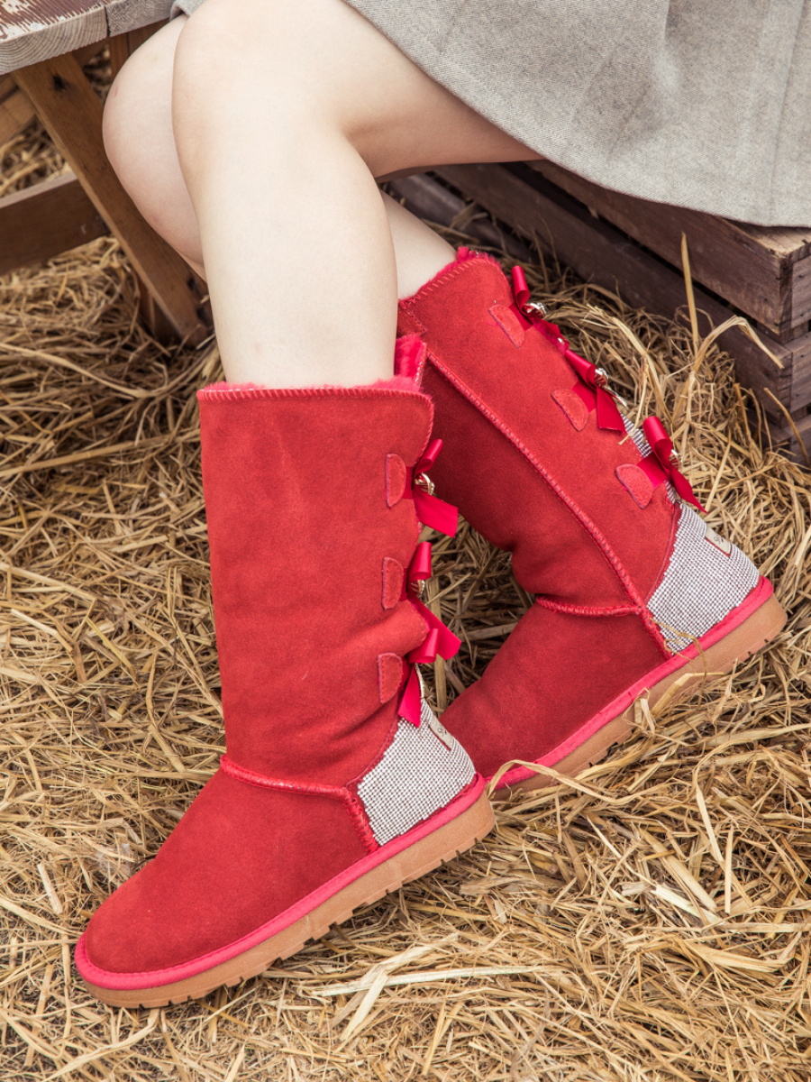 SMAIBULUN Ugg | Rhinestone Ribbon Tri-Tie Bow Suede Boots - Red