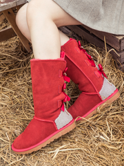 SMAIBULUN Ugg | Rhinestone Ribbon Tri-Tie Bow Suede Boots - Red