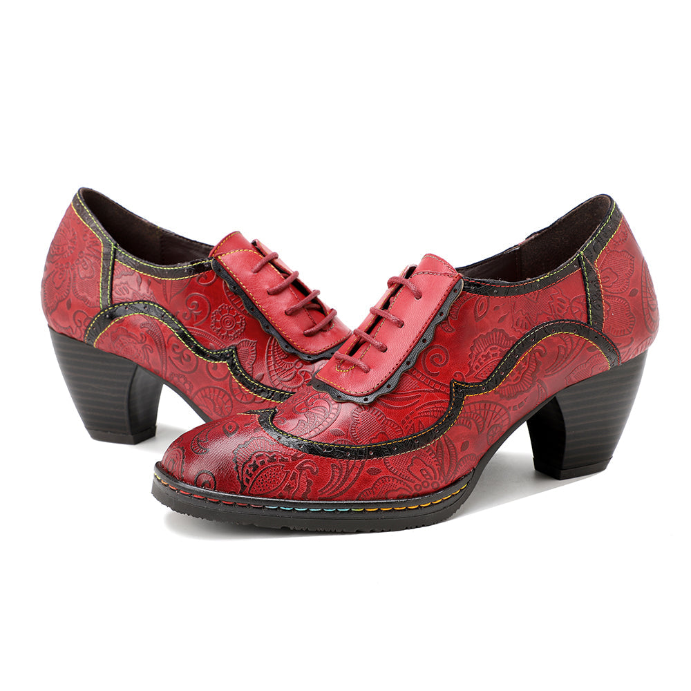 SOFFIA | Floral Embossed Leather Oxford Pumps