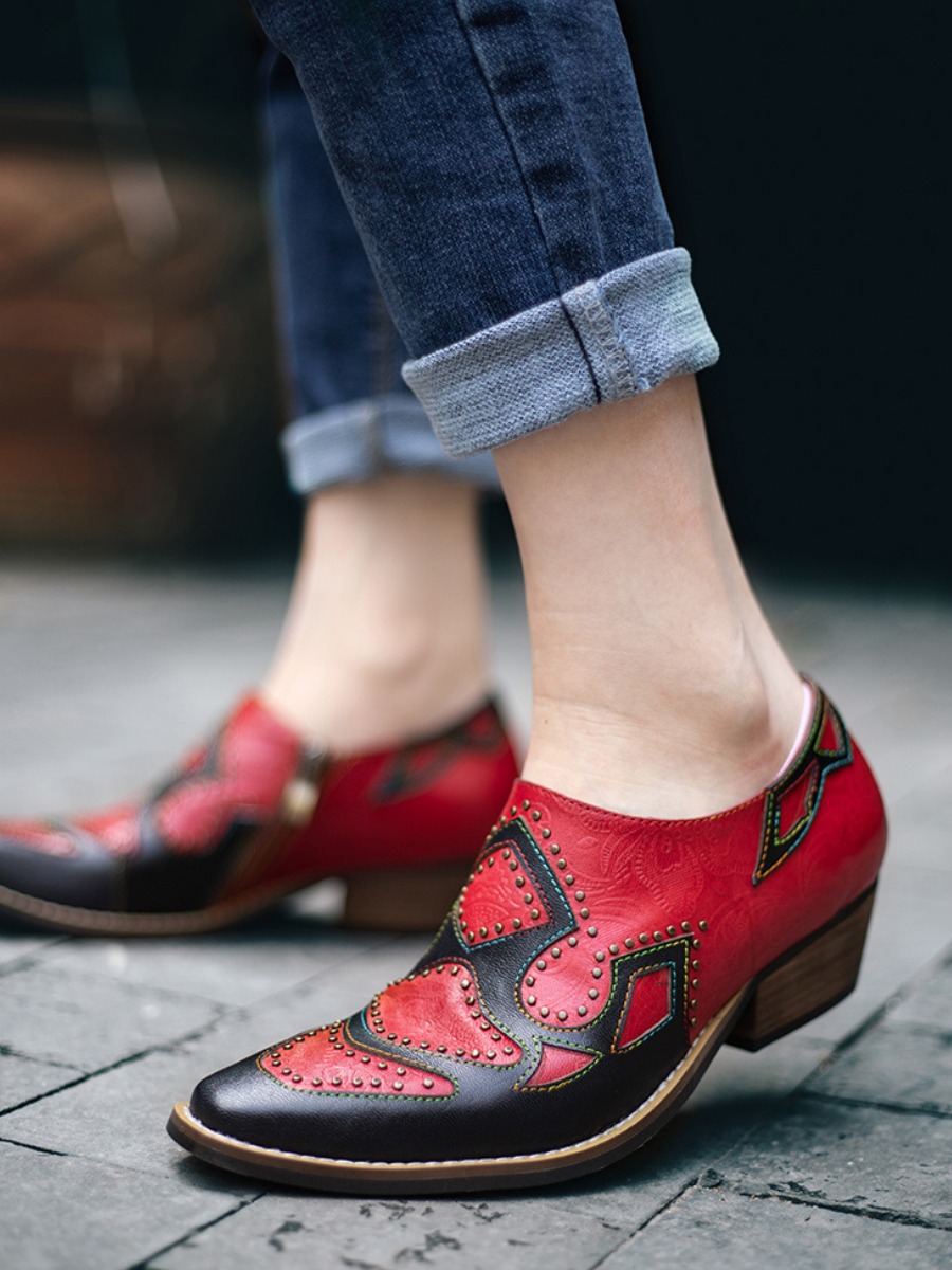 SOFFIA | Studded Red & Black Genuine Leather Loafers Pumps