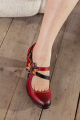 SOFFIA | Crimson Flower Appliqued Leather Mary Jane