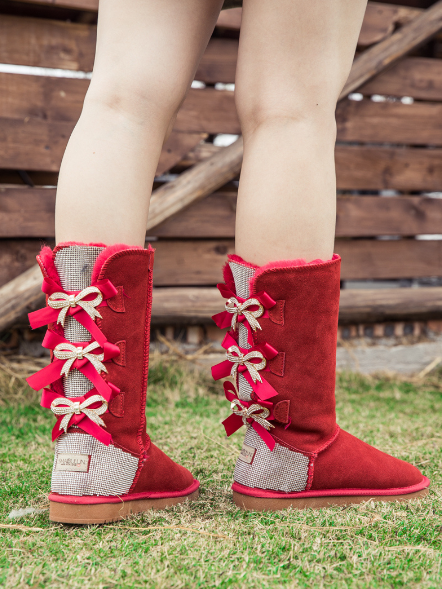 SMAIBULUN Ugg | Rhinestone Ribbon Tri-Tie Bow Suede Boots - Red