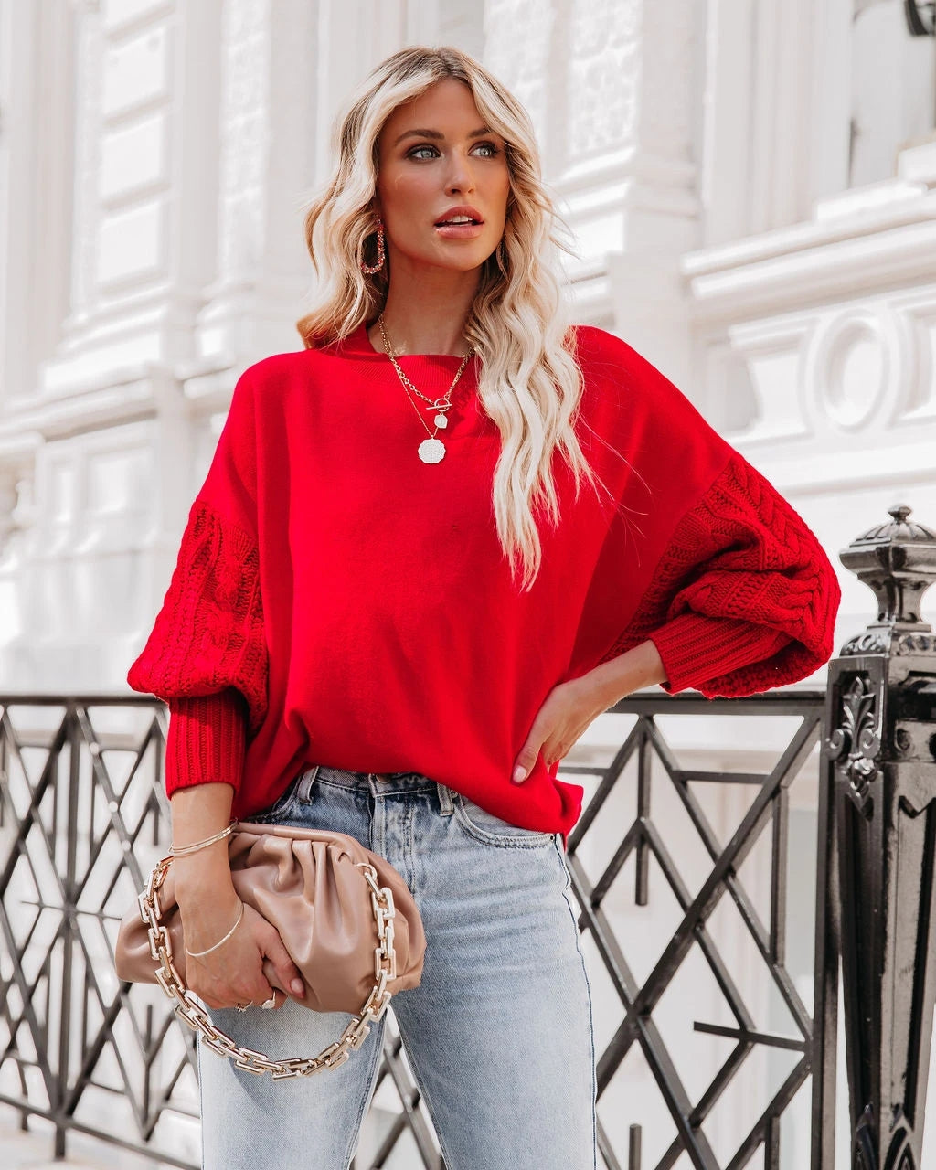 BRAIDED SLEEVE KNIT SWEATER - RED