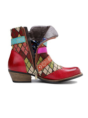 SOFFIA | Genuine Leather Bohemian Diamond Block Colorful Printed Leather Moto AnkleBoots