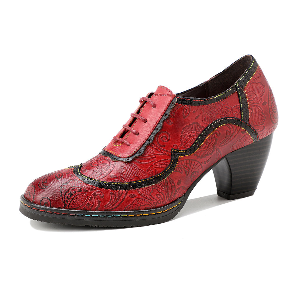 SOFFIA | Floral Embossed Leather Oxford Pumps