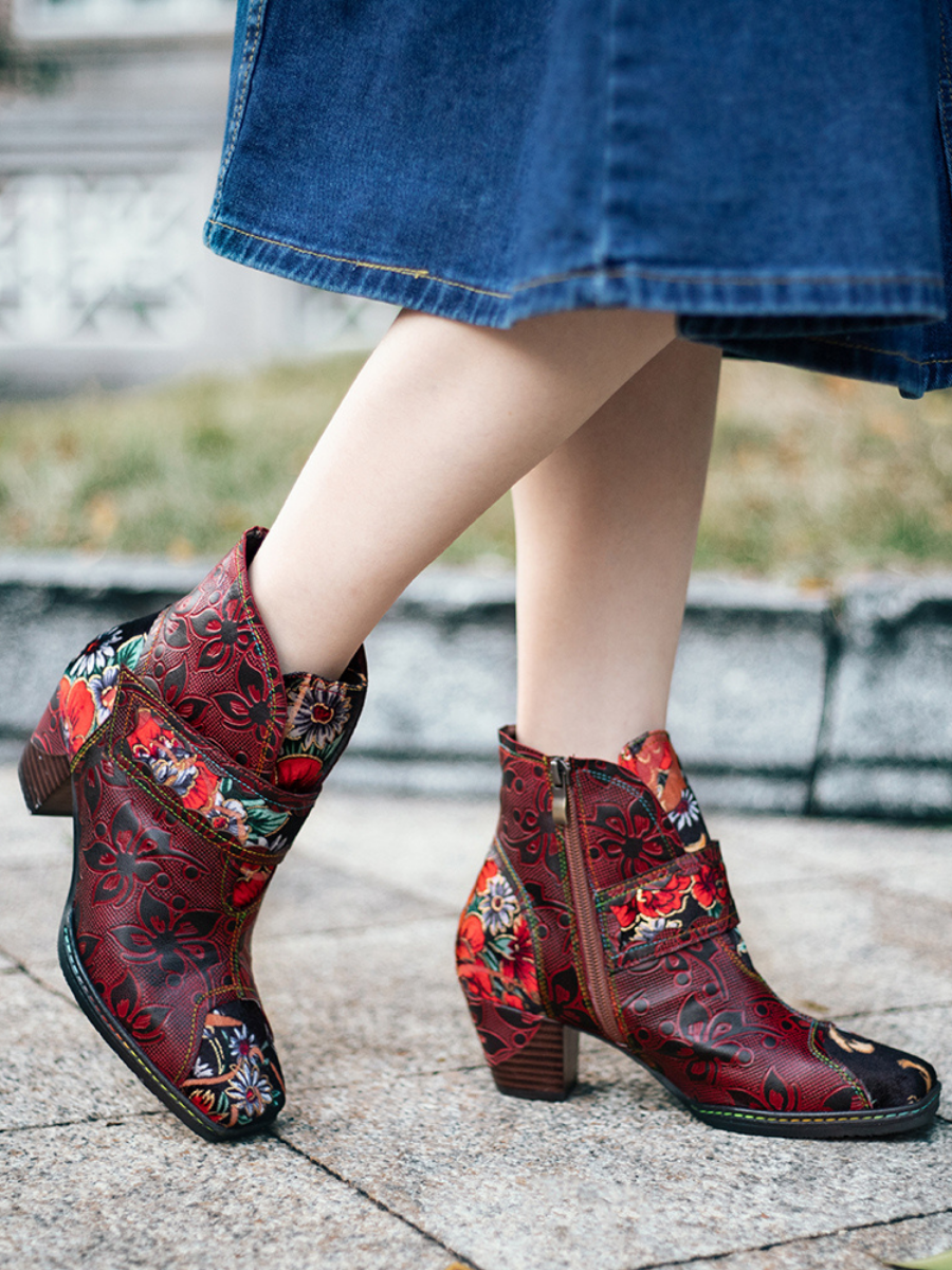 SOFFIA | Genuine Leather Orchid Embossed Red Heel Ankle Boots