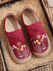 Cactus Rose | Garden Embroidered Linen Boat Shoes Espadrilles - Red