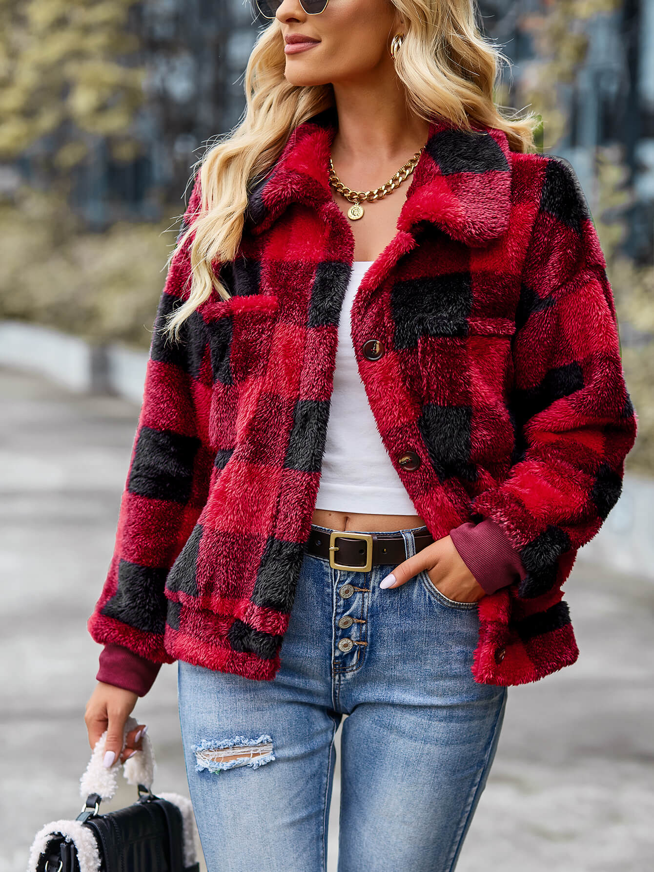 BUST POCKET PLAID FLEECE COAT - RED