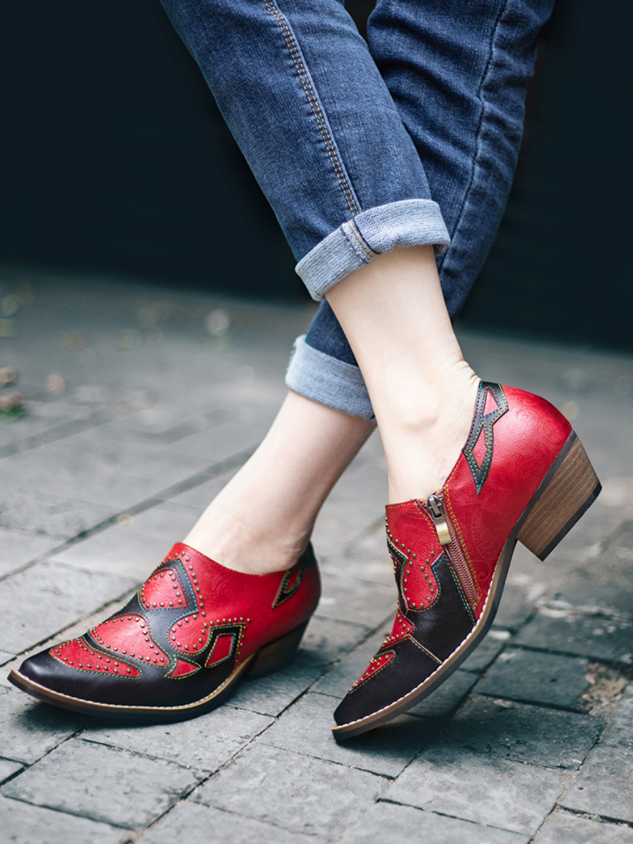 SOFFIA | Studded Red & Black Genuine Leather Loafers Pumps