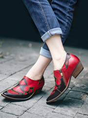 SOFFIA | Studded Red & Black Genuine Leather Loafers Pumps