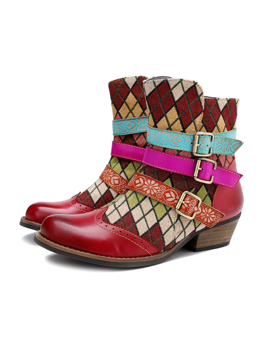 SOFFIA | Genuine Leather Bohemian Diamond Block Colorful Printed Leather Moto AnkleBoots