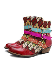 SOFFIA | Genuine Leather Bohemian Diamond Block Colorful Printed Leather Moto AnkleBoots