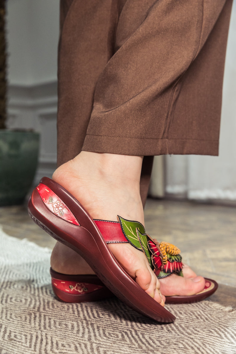 SOFFIA | Genuine Leather Plumeria Appliqued Flip Flop Low Heel Sandals - Red