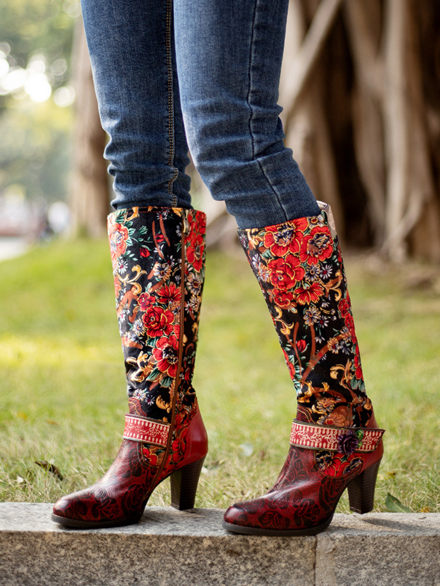 SOFFIA | Genuine Leather Peony Paisley Boho Knee Boots